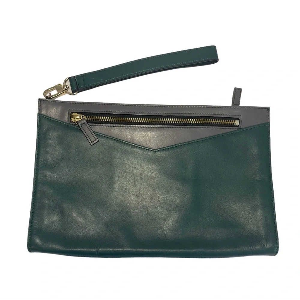 HALOGEN Leather Clutch Dark teal green w/wrist strap Two-Toned Minimalist Mod